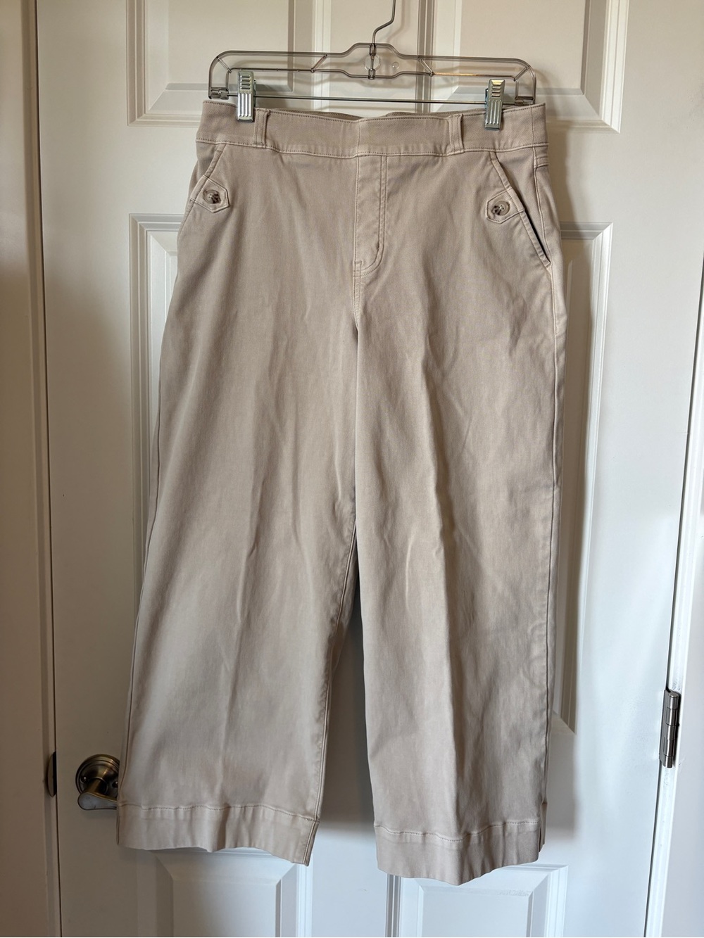 SPANX  Stretch Twill Khaki Beige Cropped Wide-Leg Pull-On Pants Size L